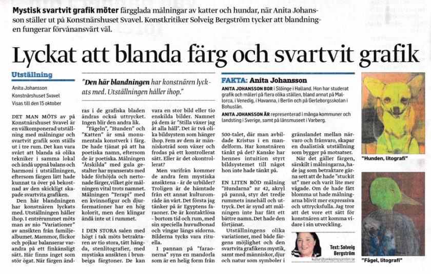 Solveig Bergströms recension av utställningen Publicerad i Jönköpings Posten 9 oktober