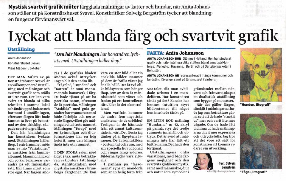 Solveig Bergströms recension av utställningen Publicerad i Jönköpings Posten 9 oktober